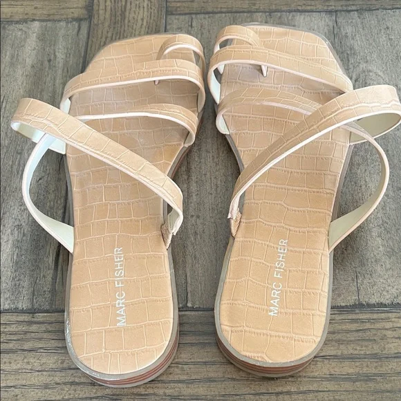 Marc Fisher Beige Croc-Embossed Multi-Strap Slide Sandals - Picture 3 of 3
